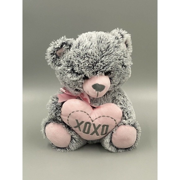 Excite USA 10” Gray Teddy Bear Plush Holding Pink XOXO Heart Stuffed Animal Toy - Picture 1 of 8